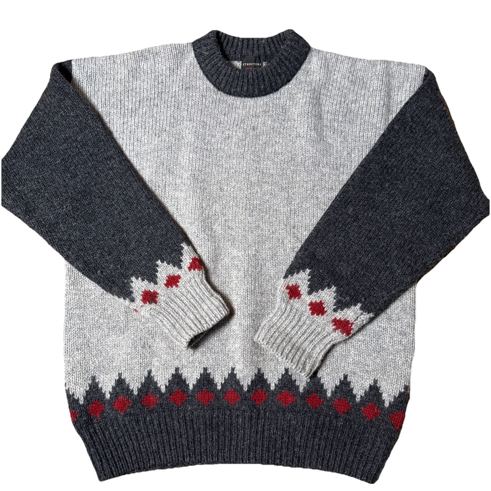 Vtg Structure Shetland 100% Wool Men's Sweater Fair Isle Pattern Gray Sz M Layer